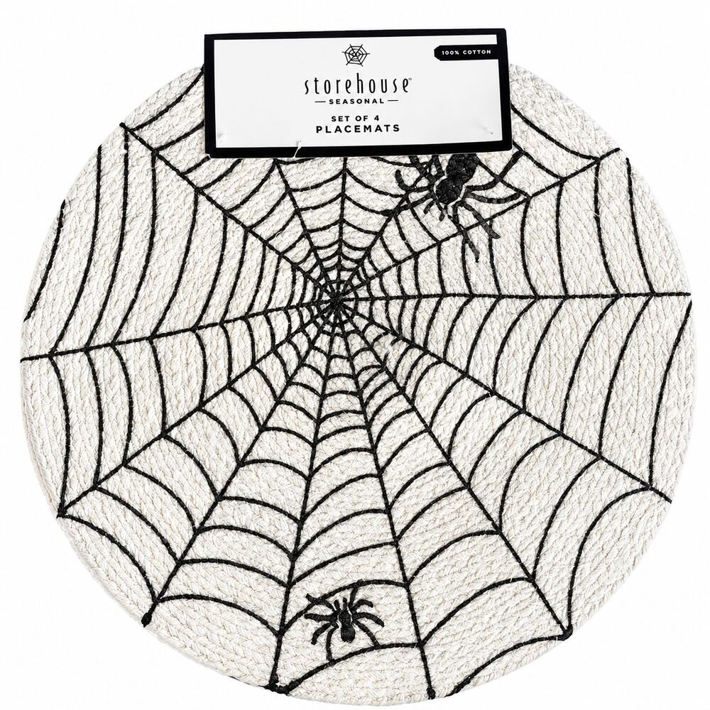 Halloween Spider Web Placemats Set of 4 Black White Braided 15" Round Chargers
